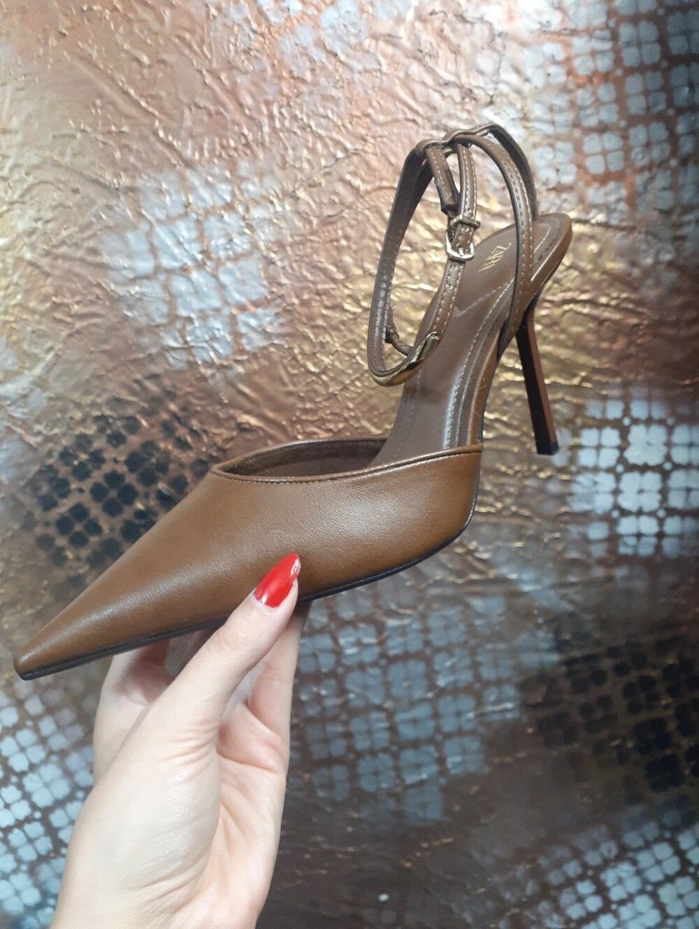 Zara Nwt Latte Brown Pointed-Toe Stiletto Slingback Heels In Faux Leather - Picture 8 of 16
